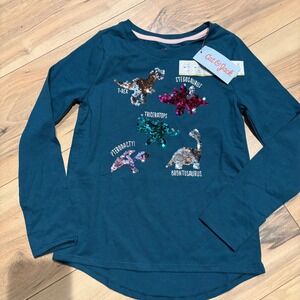 Cat and‎ Jack Kids Long Sleeve Dinosaur Sequin Shirt Teal Size 6 6X